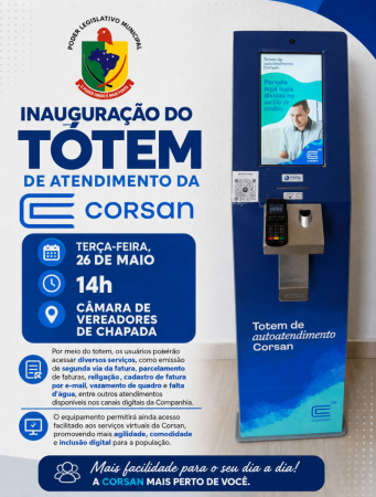 Corsan inaugura totem de autoatendimento em Chapada nesta terça-feira
