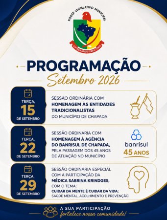 Programação Poder Legislativo para o mês de Setembro de 2026